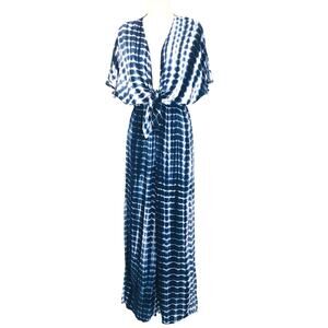 Shein Navy White Tie Dye Palazzo Jumpsuit Plunge Neckline Twisted Knot Front